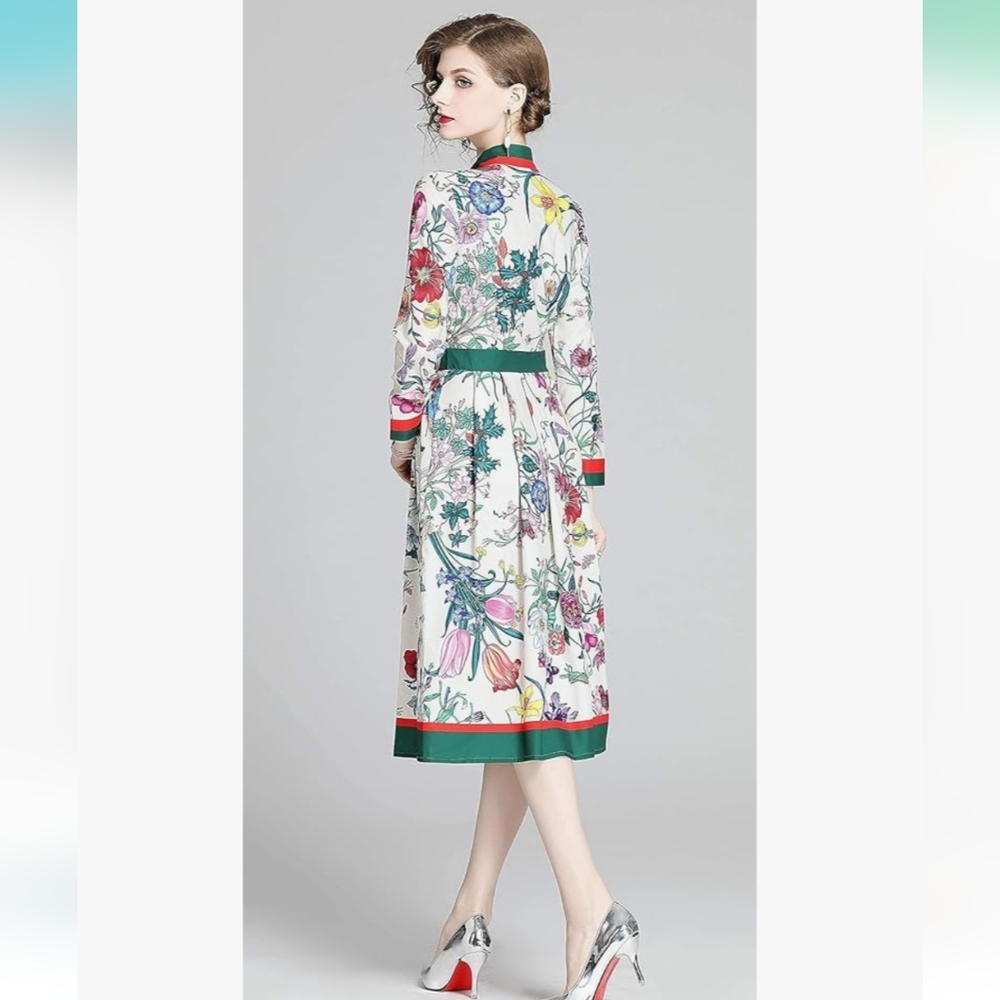 LAI MENG FIVE CATS Women's 3/4 Sleeve Floral Print Button Up A-line Flowy Dress - Picture 2 of 9